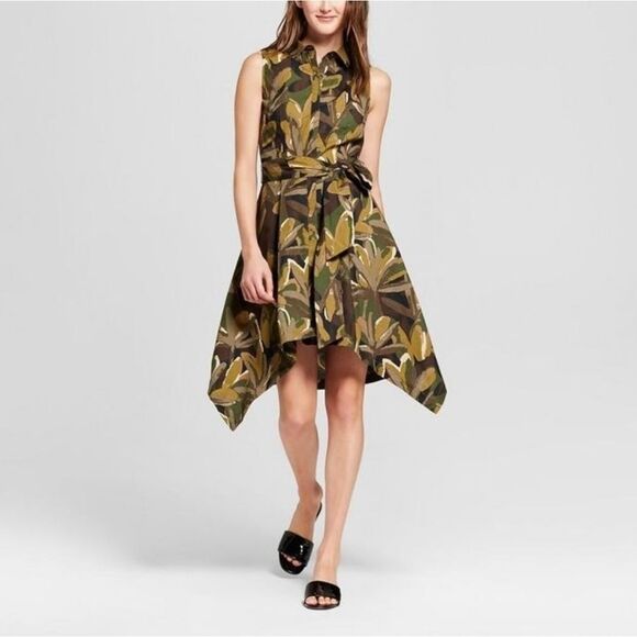 WHO WHAT WEAR Tropical Leaf Belted Summer Lightweight Safari Dress L - Picture 1 of 8